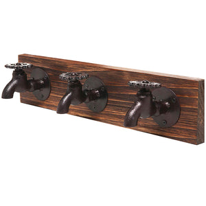 MyGift Country Rustic Old Fashion Faucet Wall Mounted Iron & Wood 3 Coat Hooks Garment, Towels, Hat Hanger Rack