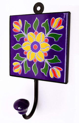Pair 2 Pcs Hand Painted Floral Ceramic Tile Hook Coat Hanger Vintage Style