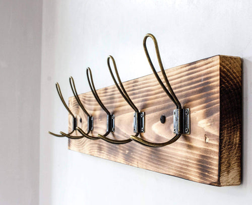Vintage Rustic Coat Rack- Authentic Burnt Wood Hanger for Towels, Clothes, Hats, Bags-Antique Door & Wall Mounted 5-Hook Rail (Vintage Style Wire Hooks - 26