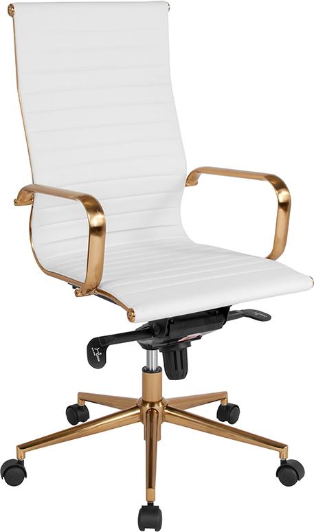Commercial Grade High Back White Ribbed Bonded Leather Executive Swivel Office Chair with Gold Frame, Knee-Tilt Control and Arms