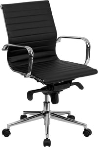 Commercial Grade Mid-Back Black Ribbed Bonded Leather Swivel Conference Office Chair with Knee-Tilt Control and Arms