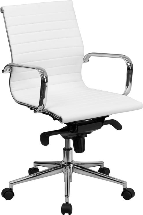 Commercial Grade Mid-Back White Ribbed Bonded Leather Swivel Conference Office Chair with Knee-Tilt Control and Arms