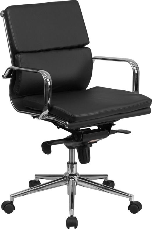 Commercial Grade Mid-Back Black Bonded Leather Executive Swivel Office Chair with Synchro-Tilt Mechanism and Arms