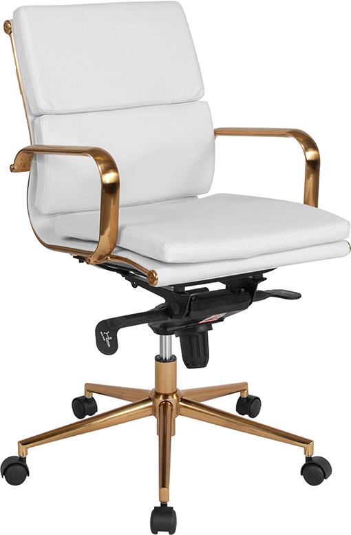 Commercial Grade Mid-Back White Bonded Leather Executive Swivel Office Chair with Gold Frame, Synchro-Tilt Mechanism and Arms