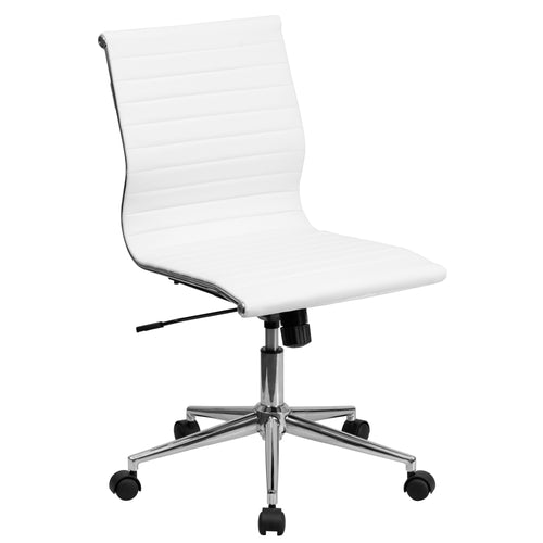 Mid-Back Armless Ribbed Upholstered Leather Swivel Conference Chair