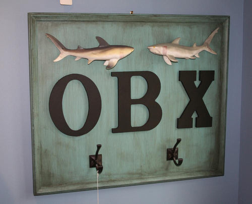 OBX Sharks Art and Coat Hanger, Wood